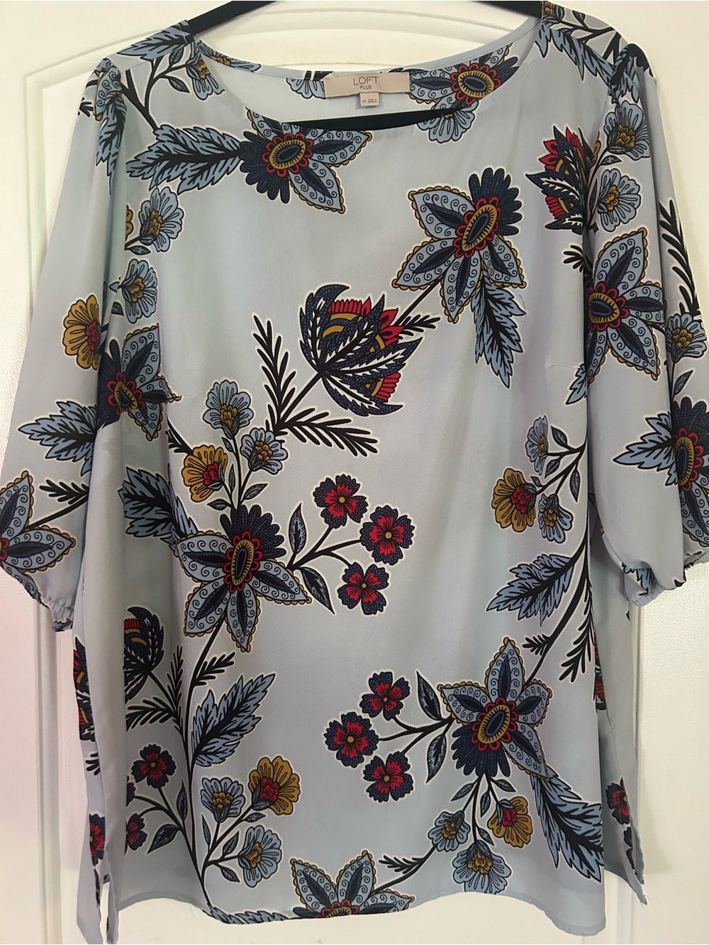 LOFT Light Blue Floral Blouse with Navy, Red & Mustard Accents